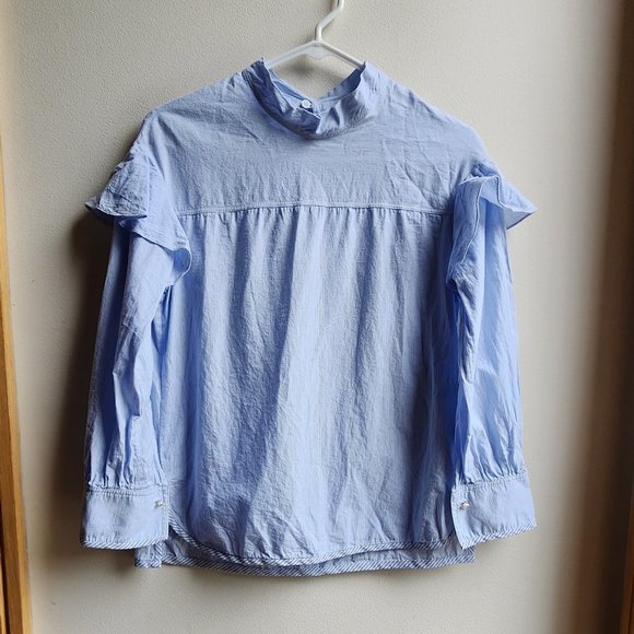Blue Ruffled Micro-Striped Blouse Size Medium - Picture 2 of 16
